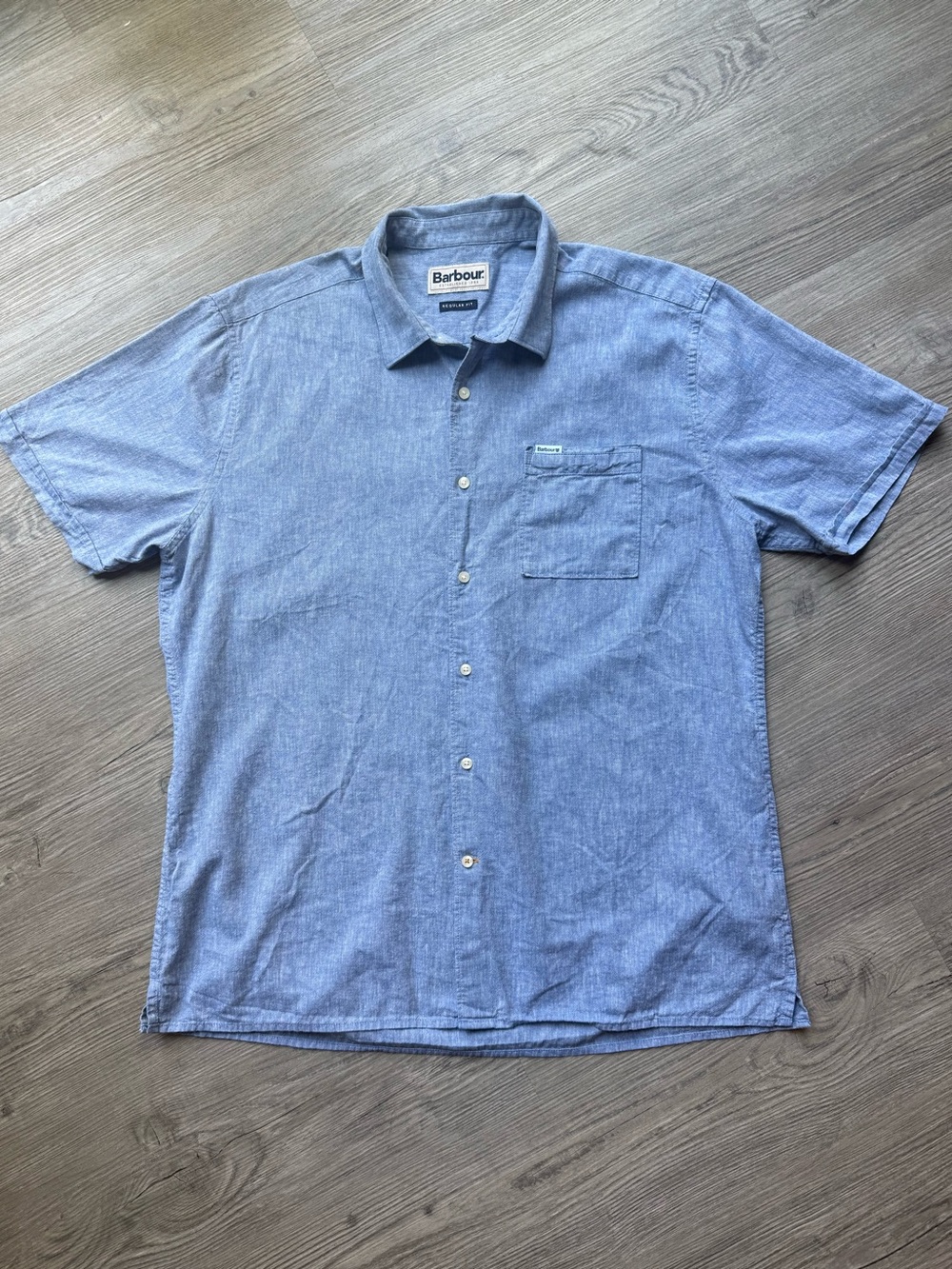 Barbour Button Down Shirt Mens M Blue Linen Blend Short Sleeve Regular